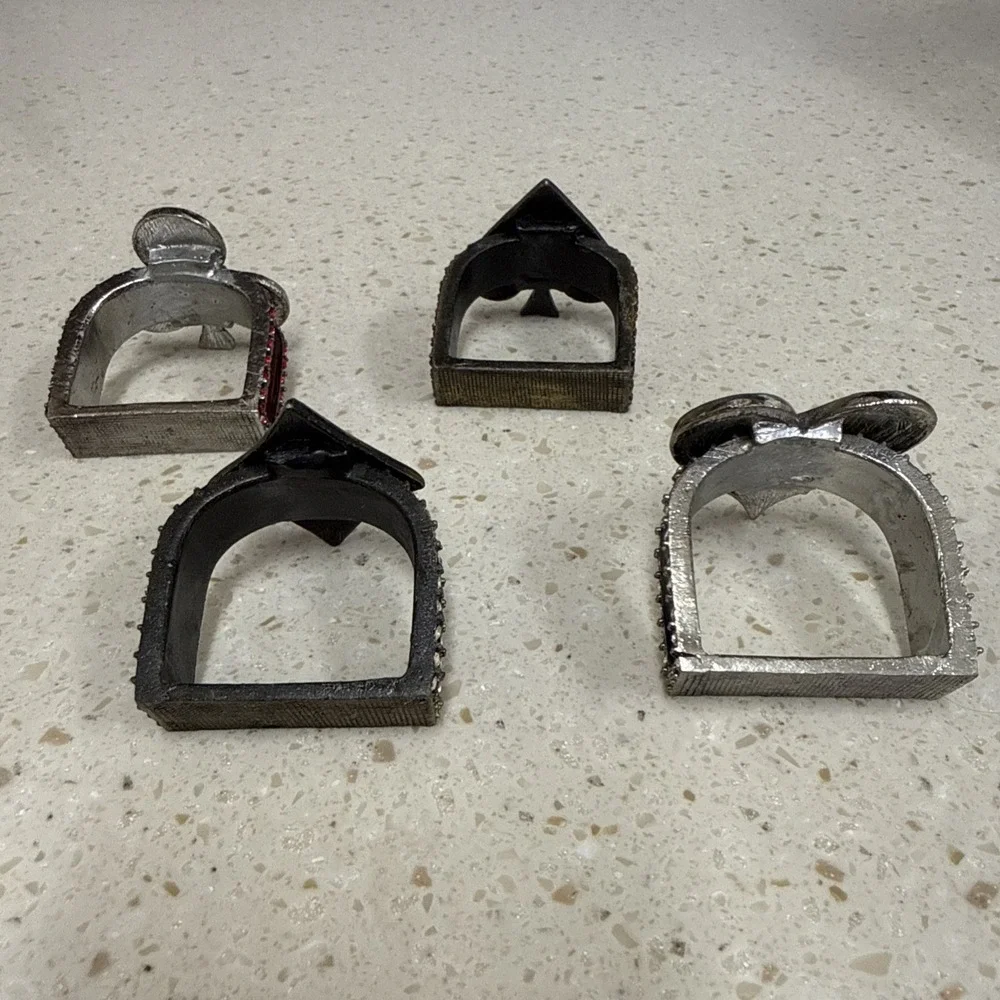 4 Metal Napkin Rings Card Suits Heart Diamond Spade Clover Red Black Rhinestones